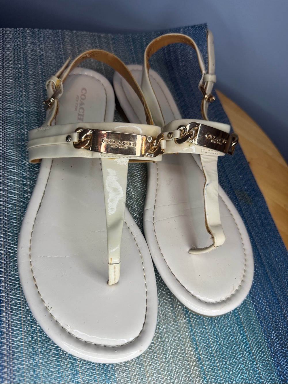 COACH Catherine White Leather T-Strap Sandals with Gold Plaque